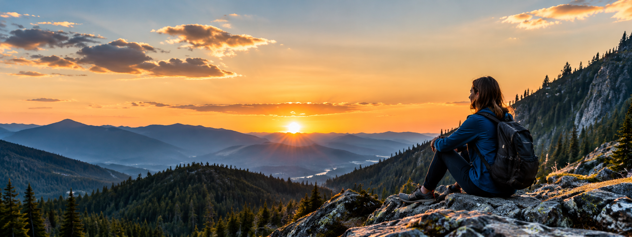 Person overlooking mountains at sunrise